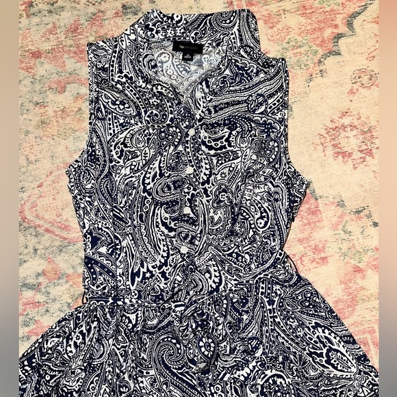 AB Studio Sleeveless Paisley Shirt Dress | Size 12 | Navy & White |Cotton Blend - Picture 2 of 4